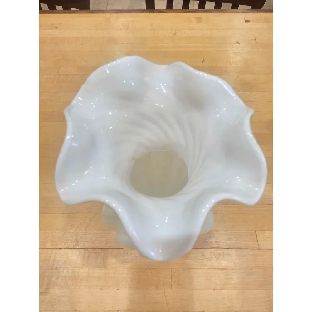 Vintage Fenton Yellow White Spiral Swirl Glass Ruffled Vase 11 Inch MCM
